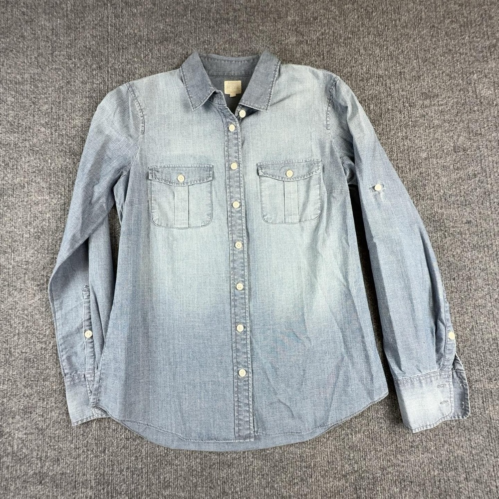 J.Crew Womens XS Blue Chambray Denim Button Front Long Sleeve Casual Top 91506